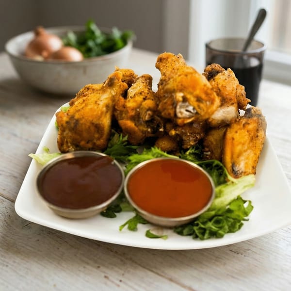 Ribline BBQ chicken wings with two dipping sauces on a white plate, with onions and greens in the background.